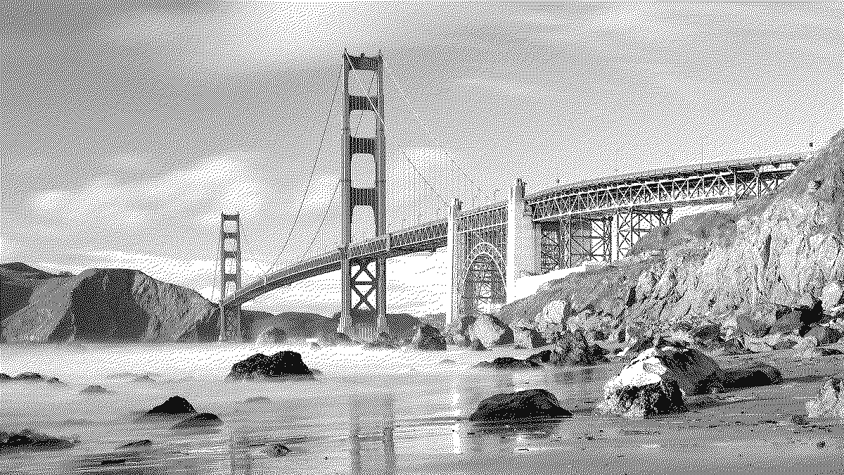 The Golden Gate Bridge from Marshall Beach, dithered.